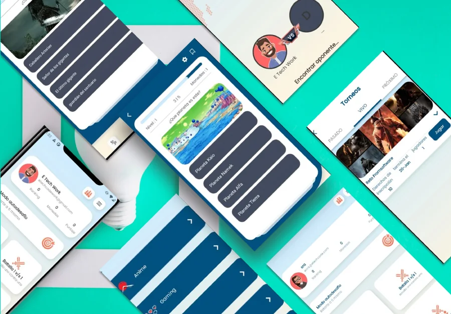 E-Quiz project screens showing multiple-choice questions, categories, challenges and tournaments.