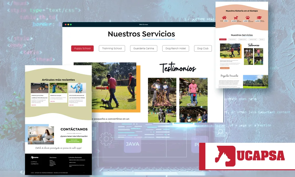 UCAPSA website composition showing canine services, articles and a contact entry point.