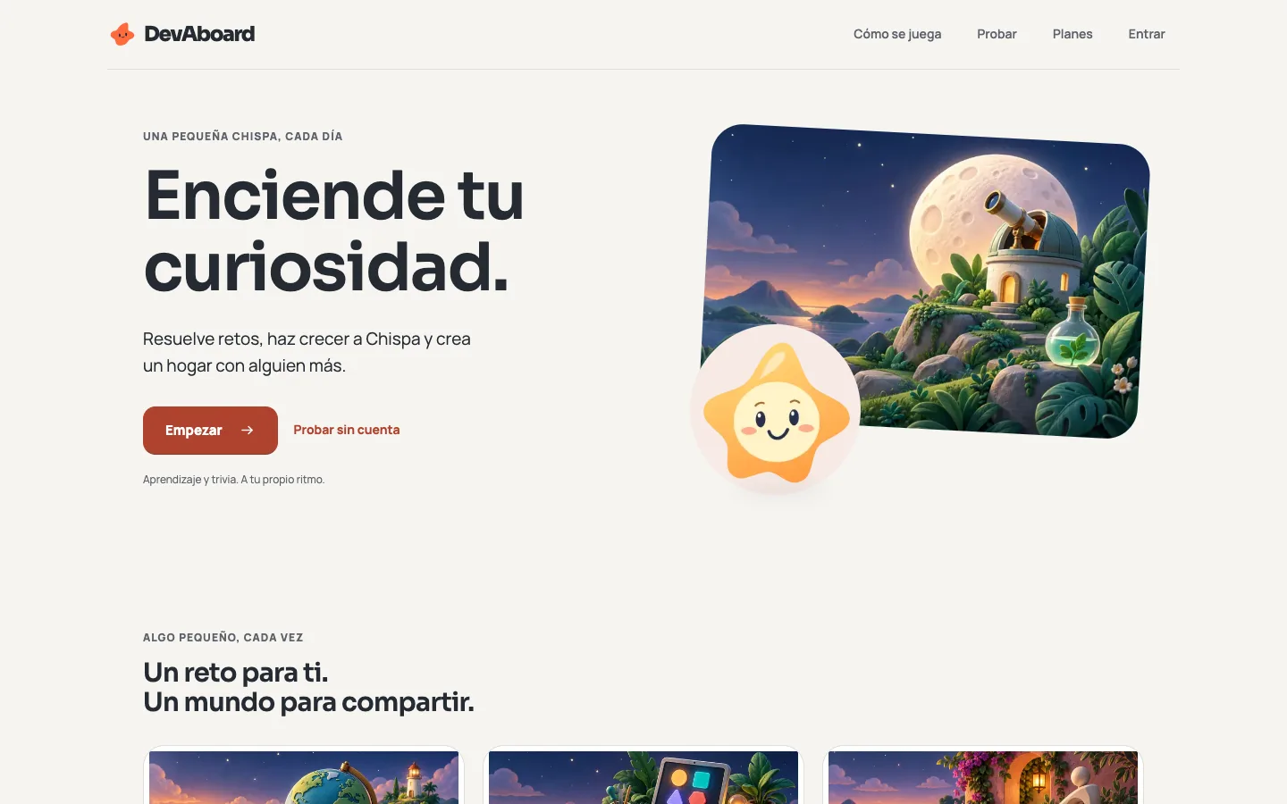 Nueva web de DevAboard con el mensaje «Enciende tu curiosidad», la mascota Chispa y un mundo ilustrado de ciencia.