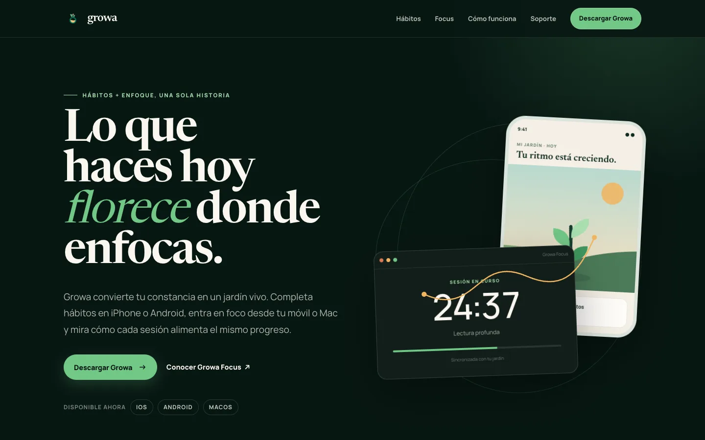 Growa website showing its habit garden and introducing Growa Focus.