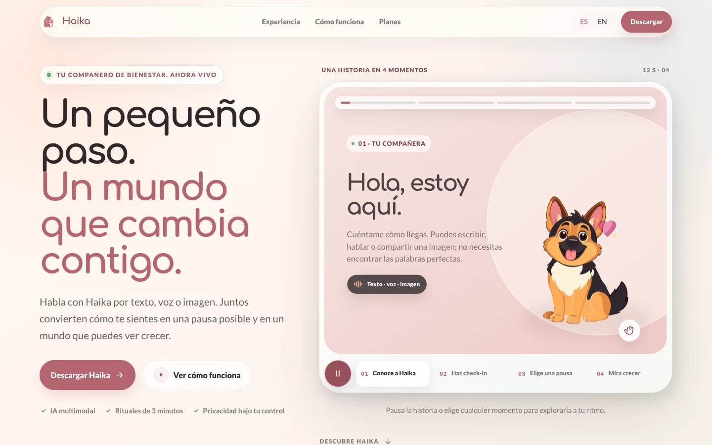Web de Haika con su mascota y una historia visual sobre compañía y autocuidado.