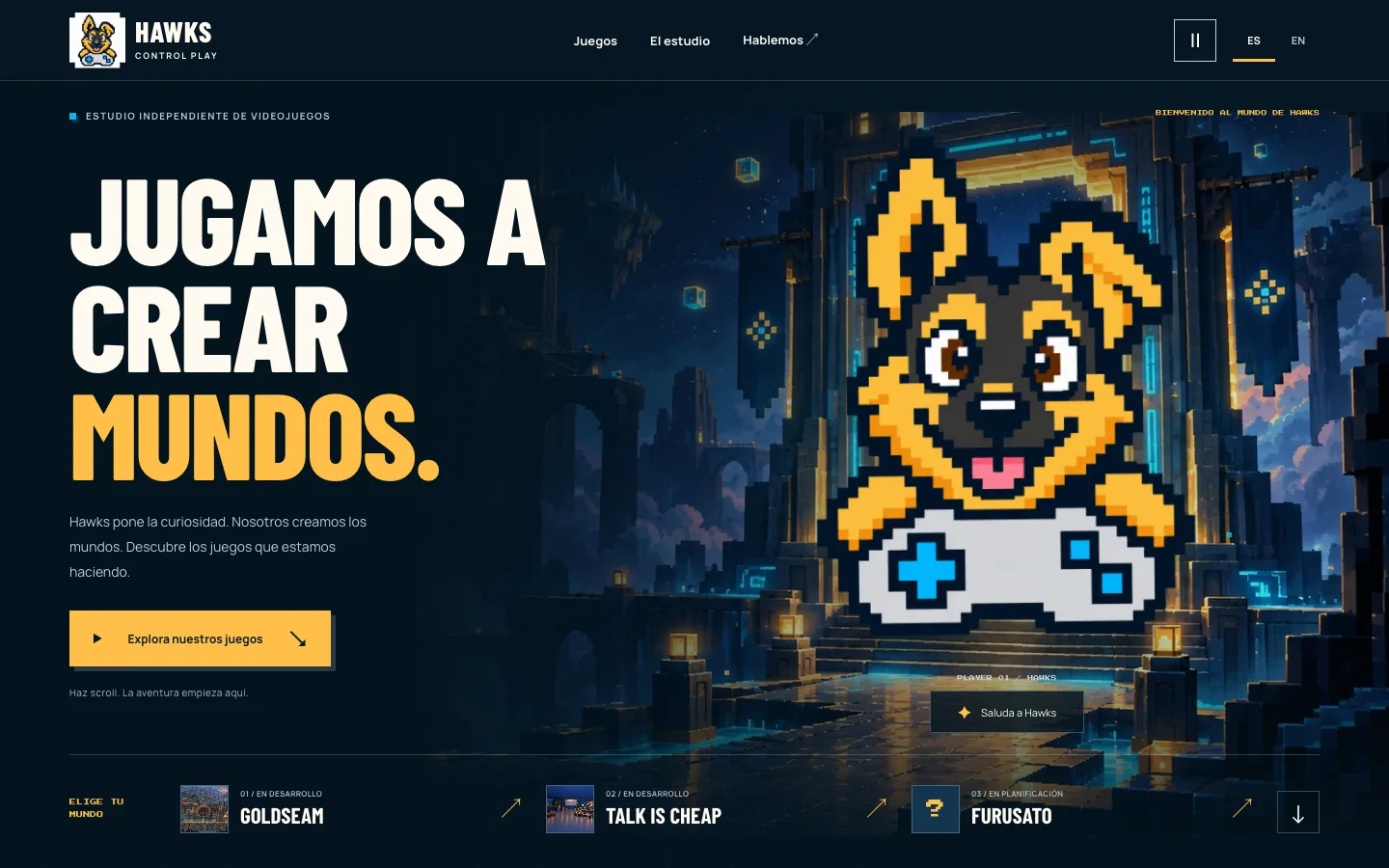 Hawks Control Play website featuring its German shepherd mascot, a controller and a pixel-art gateway to floating islands.