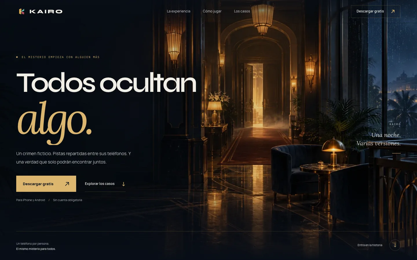 Nueva web de Kairo con el mensaje «Todos ocultan algo» sobre una escena nocturna del hotel iluminada en dorado.