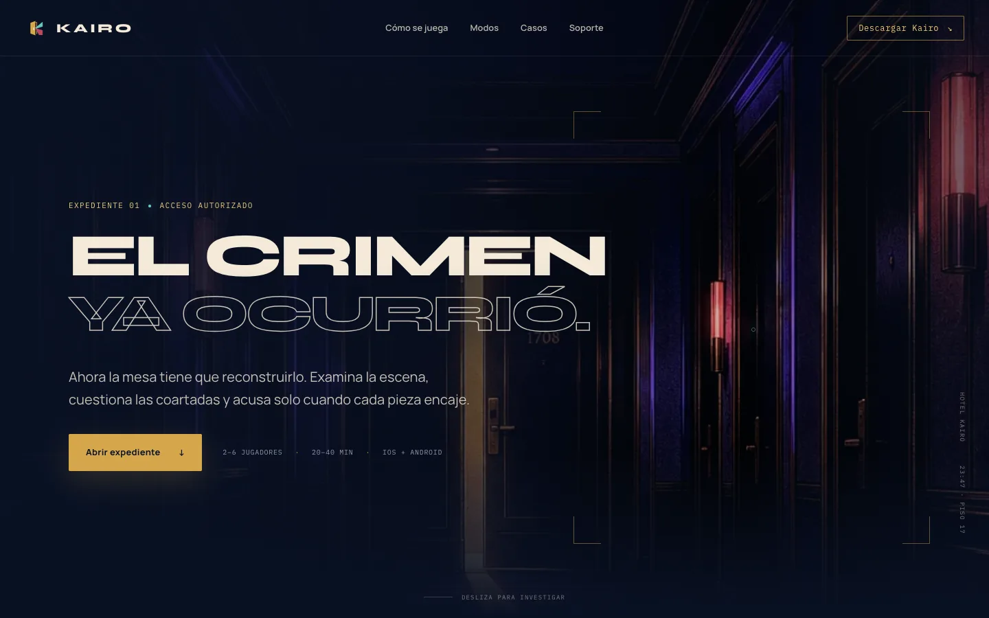 Kairo website introducing its social mystery and deduction game.