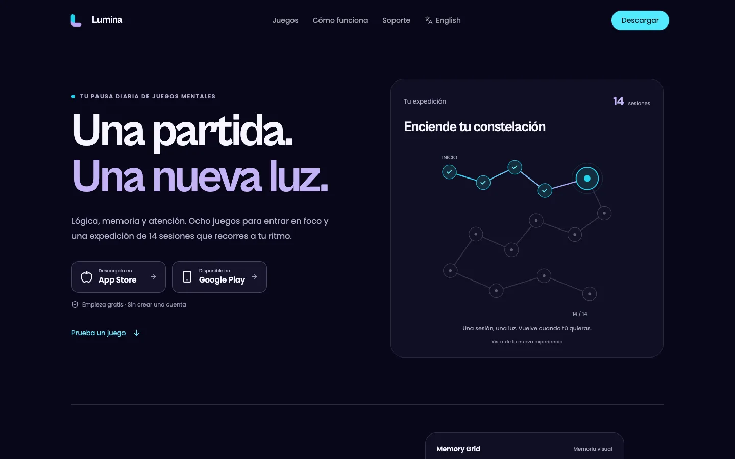 Nueva web de Lumina con el mensaje «Una partida. Una nueva luz» y una constelación que ilustra la expedición de 14 sesiones.