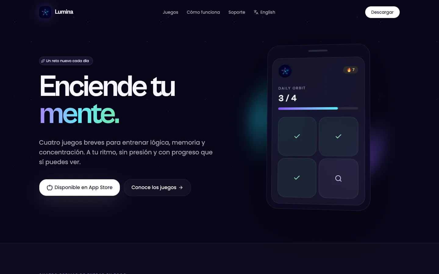 Lumina website introducing its daily brain challenges and games.