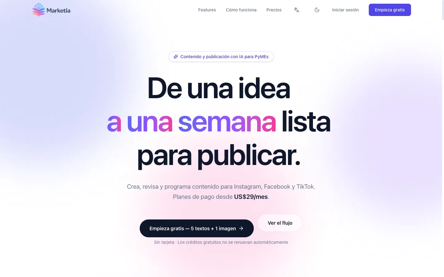 Web de MarketIA con su propuesta de creación de contenido y publicación con IA para empresas.