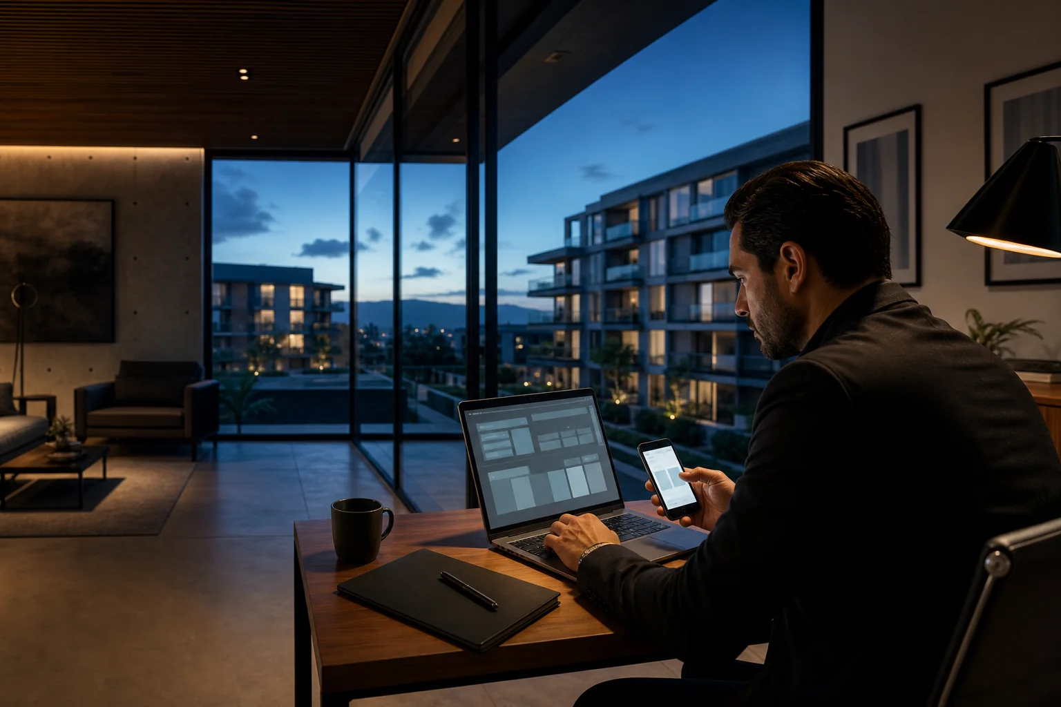 Asesor inmobiliario revisando oportunidades conectadas en una interfaz digital